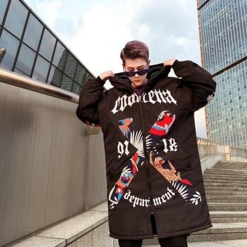 Hip Hop Designer Graffiti Winter Thick Warm Cotton Parkas High Street Long Sleeve Loose Fit Casual Medium Length Hooded Coats