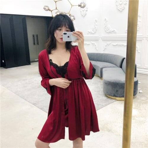 Pajama Woman Summer Sexy Lace Halter Belt Sleep Skirt Chest Pad 2PCS Robe Suit Long Sleeves Home Dress Lounge Intimate Lingerie