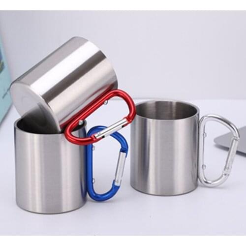 Traveling Mug 220ml Camping Double Wall Button Stainless Steel Climbing Outdoor Cup Carabiner Hook Handle Heat Resistance