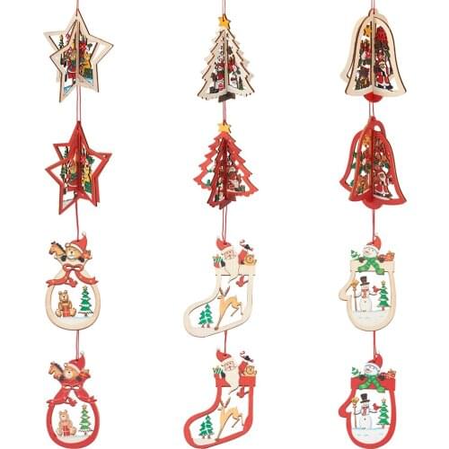 Christmas Ornaments Wooden Star Bell Pendant Decorations Christmas Tree Hanging Decor Festival Home Party Gift Xmas Ornaments