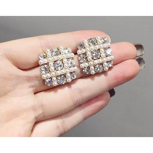 Fashion Korean Crystal Square Gold Stud Earrings for Women Luxury Rhinestone Imitation Pearls Earring Weddings Party Jewelry