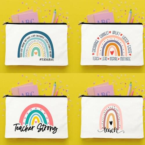 Best Teacher Ever Rainbow Print Fashion Teacher Storage Pencil Bags Zipper Cosmetic Makeup Organizer Pouch Travel Gift Purse Bag