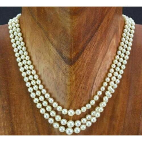 Triple strands 8-9mm south sea round white pearl necklace 17"-19" Yellow Clasp