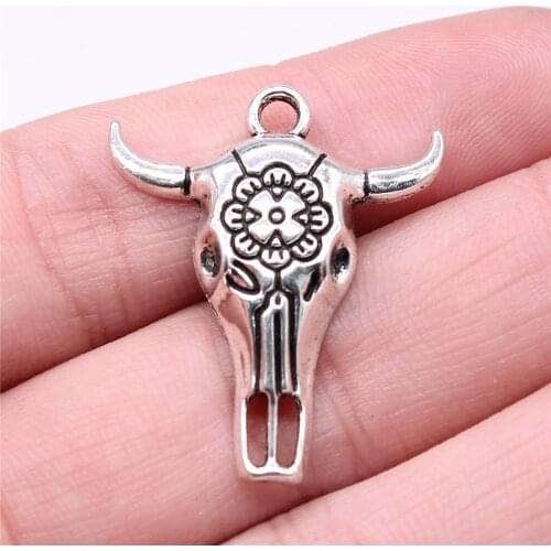 WYSIWYG 5pcs Charms Skull Bull Ox Star Head 32x26mm Antique Silver Color Plated Cattle Skull Pendants Making