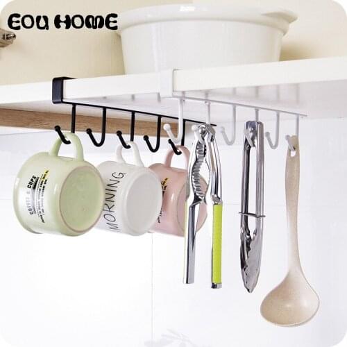 Iron Kitchen Storage Racks Holders 6 Hooks Single Row Hanger Cupboard Cup Bowl Hanging Shelf Holder Bathroom Cabinet Organizer