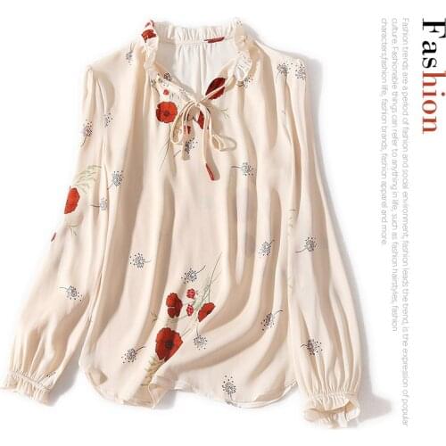 Fall 19 new style half open V-neck lace up Flower Print Long Sleeve Silk double Qiao Satin shirt top for women