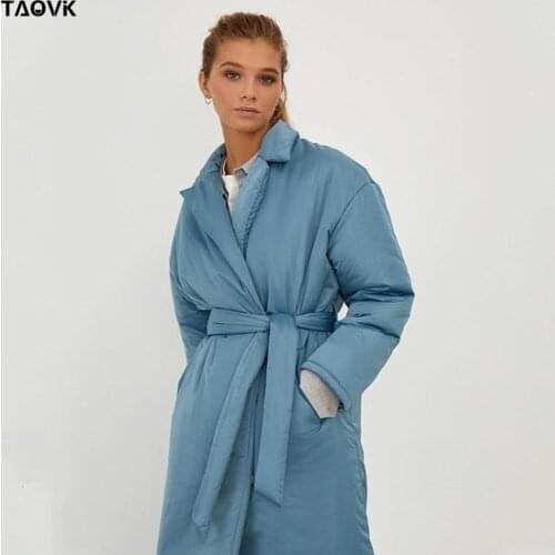 TAOVK women Winter Thick Long Coat Female Single-breasted Windbreaker Wide-Waisted Loose Sashes Warm Cotton coat