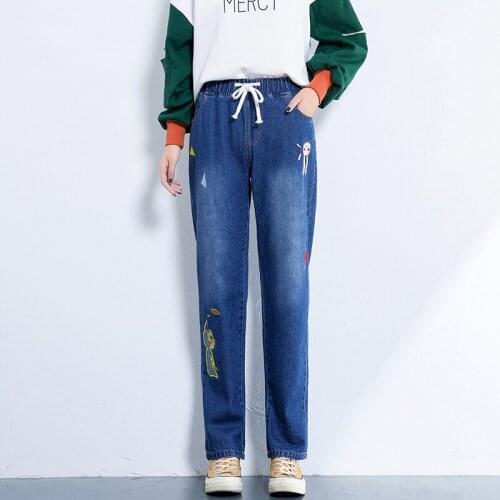 Merry Pretty Women Jeans Pants Cartoon Rabbit Embroider Pockets Denim Pants Elastic Waist Straight Softener Jean Pants Girl Jean
