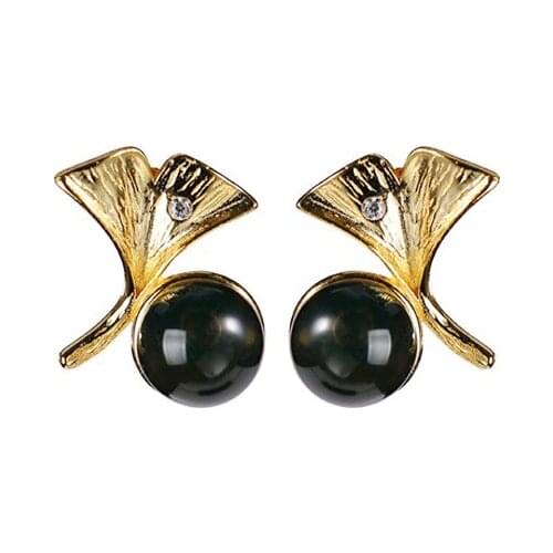 S925 sterling silver gold-plated natural Mexican blue amber stud earrings graceful personality ginkgo leaf womens earrings