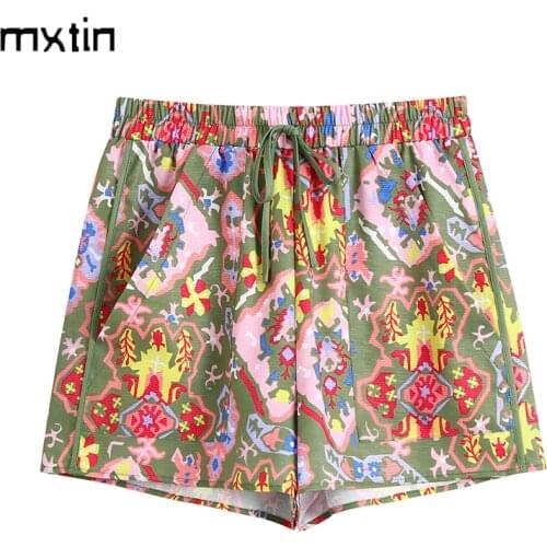 MXTIN 2021 Women Summer Vintage Print Pockets Sweatpants Shorts Fashion Elastic Waist Drawstring Female Casual Streetwear Short