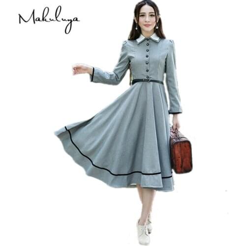 Makuluya Womens Vintage Casual Preppy Style England Style Sweet Formal Blouses Dresses Female Autumn Spring Fashion Lapel QW