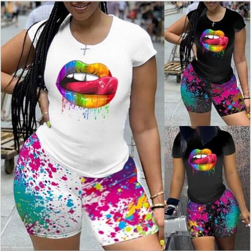 2021 Womens Summer Casual Splash Ink Lip Print Two Pieces Shorts Suit Set Ladies Plus Size Short Sleeve T-Shirt Oversize