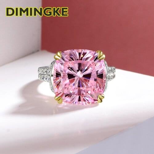 DIMINGKE 14*14MM Square Super Flash Yellow Pink White Diamond Woman Ring S925 Sterling Silver Wedding Jewelry