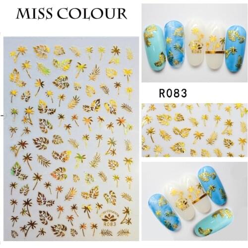1pc 3D Nail Sticker Holographic Gold Metallic Adhesive Transfer Decals Coconut Tree Leaf Manicure Stickers Nail Art Decorations