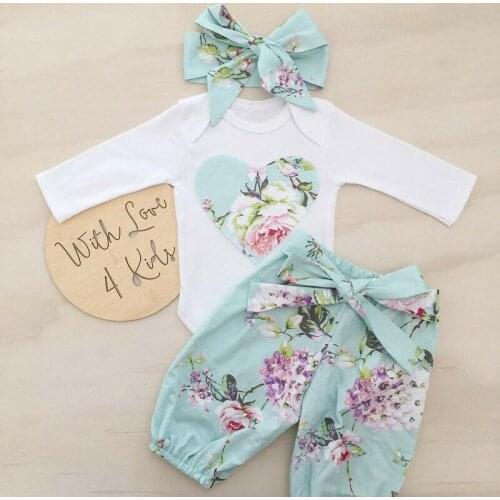 3pcs Newborn Kid Baby Girl Floral Clothes Jumpsuit Romper Bodysuit Pants Outfits Girl Cotton Fashionable Printing Floral