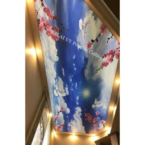 A50 Blue sky sakura flowers uv printing ceiling film with harpoon white clouds and sun pvc ceiling film