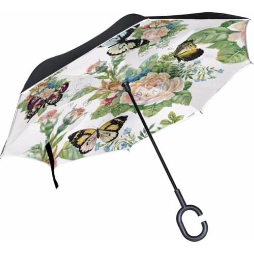 Watercolor Flowers And Butterfly Windproof Reverse Umbrella Double Layer Long Shank Inverted Creative Customized Rain Protection