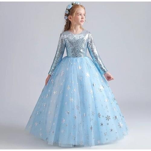 Sky Blue Sequins Ball Gown Full Sleeves Pleat Floor-Length O-Neck Kids Party Communion Dresses Girl Dresses For Weddings