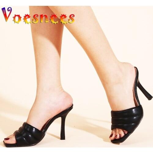 Patent Leather Modern Slippers Summer Square Head Shallow Mouth Sandals Thin High Heels Solid Sexy Night Party Dress Women Shoes