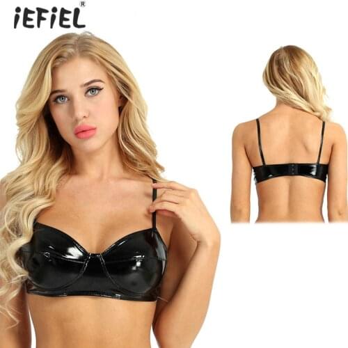 Sexy Lingerie Women Wetlook Faux Leather Bra Top Latex Bralette Dancer Black Wire-free Shelf Bra Top Rave Pole Outfit Costumes