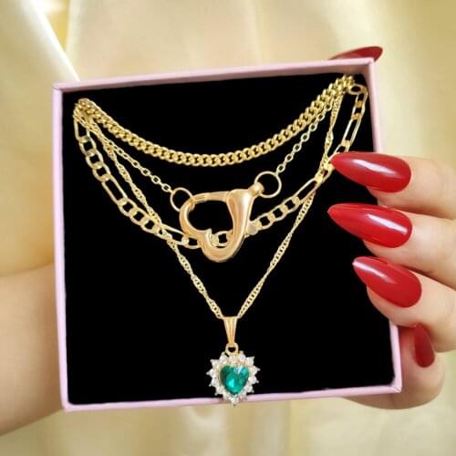 JUST FEEL Multi Layer Gold Metal Hollow Heart Pendant Necklace For Women Shiny Heart Crystal Choker Necklace Fashion Jewelry