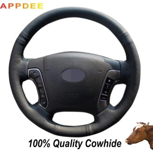 Black Genuine Leather Steering Wheel Cover for hyundai santa fe 2006 2007 2008 2009 2010 2011 2012