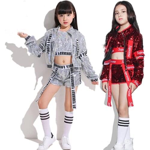 Children Jazz Dance Costumes Sequins Top Short Coat 3pcs Girls Boys Street Dance Show Clothes Kids Hip Hop Stage Dancing Suits