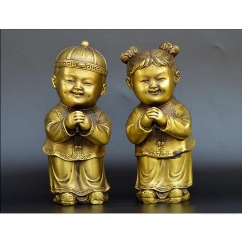 Chinese folk sculpture, pure brass,young boys and girls golden boy and jade girl pair of sculptures