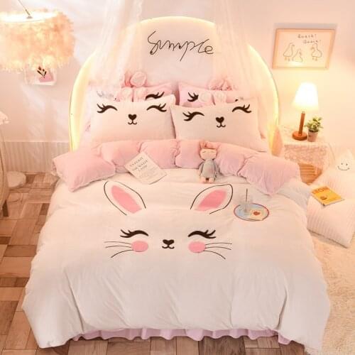 Cute Rabbit 10 Colors Winter Velvet Flannel Fleece Bedding set Duvet Cover Bed Linen Fitted Sheet Pillowcases King Queem Size