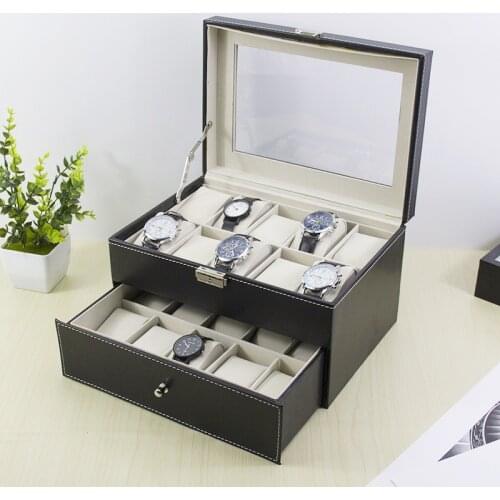 VoltaBox 20 Bit Watch Box PU Leather Plain Black Double Layer Watch Storage Box Drawer Watch Display Box