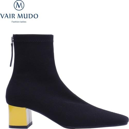 Fashion Ankle Modern Boots Shoes High Heels Genuine Leather Kid Suede Solid Black Concis Square Toe Adult Shoes Women DX69L