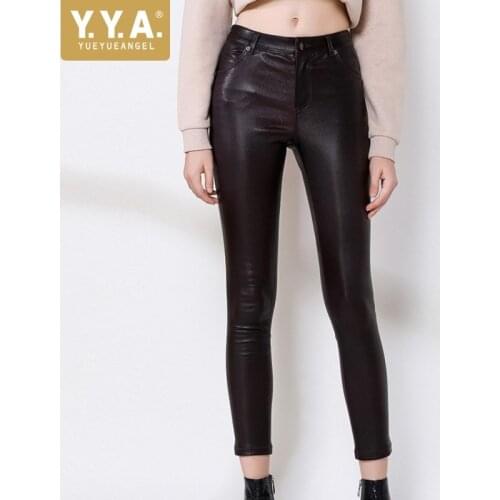 Fashion Ladies Stretch Sheepskin Pencil Pants Streetwear Slim Fit Skinny Trousers Luxury Office Real Leather Black Pants Women