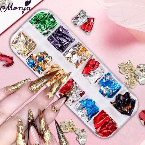 Monja 12 Grids/box Multicolor Nail Art Polish Flake Gold Foil Paper Irregular Aluminum Nail Sticker Gel DIY Manicure Decorations