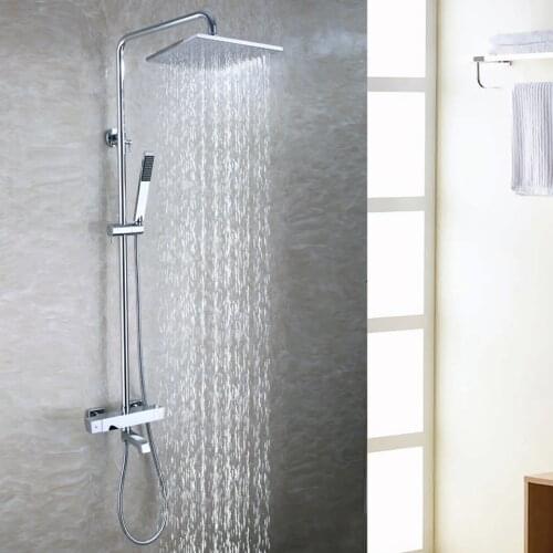 10 Inch Square Brass Chrome Shower Head Exposed Bath Thermostatic Shower Mixer Faucet Set