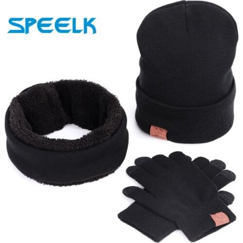 New Winter Knitted Hat Men Women Warm Skullies Beanies Hats With Bib Touch Screen Gloves Men Bonnet Beanie Cap Riding Sets of 3