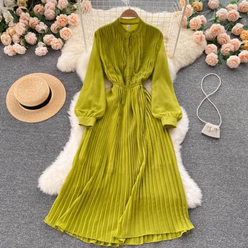 2021 New Autumn Fashion Temperament Vestidos Female Stand-up Collar Puff Sleeve Waist Thin Pleated Skirt Midi Dress DF729
