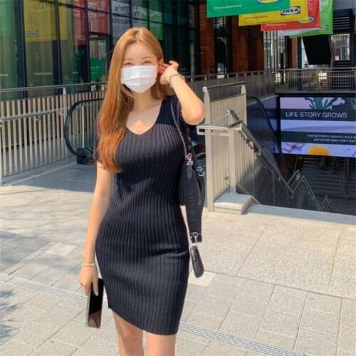 2021 summer new ladies sexy slim V-neck stretch slim casual bottoming dress