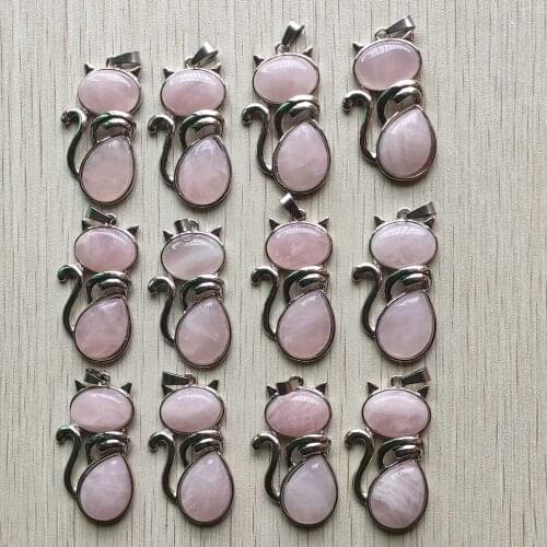 Wholesale 12pcs/lot new Fashion good quality natural pink quartz stone cat shape pendants for jewelry making free shipping