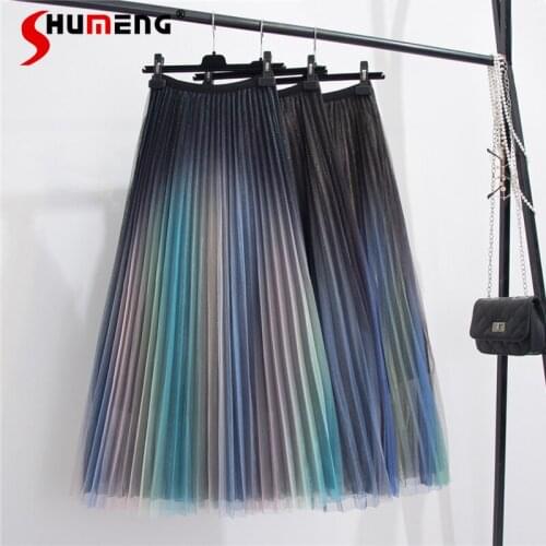 Pleated Long Skirt Women Fantasy Rainbow Gradient Mesh Skirts Female 2021 Fall New Metallic Bright Silk High Waisted Midi Skirt