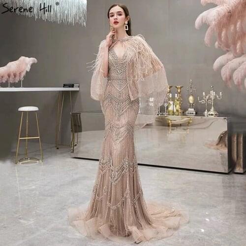 Luxury Silver Nude V-Neck Mermaid Evening Dresses 2020 Sleeveless Shawl Yarn Feathers Sexy Formal Dress Serene Hill LA70171