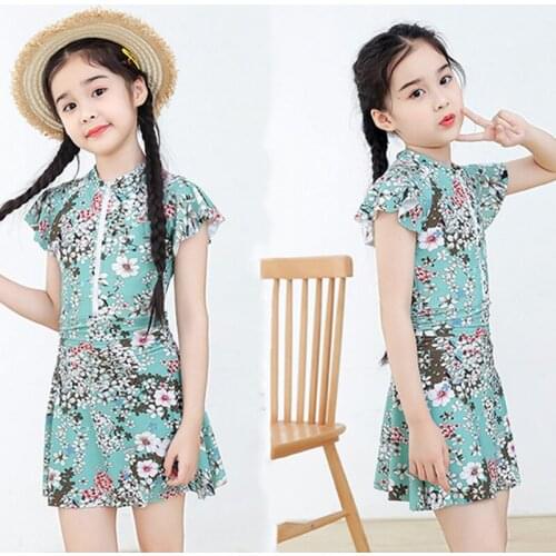 Girls One Piece Swimsuit Baby Skirt Swimwear Child Floral Bathing Suit Maiden Beachwear Ruffle Dress Bikini Removable Chest Pad