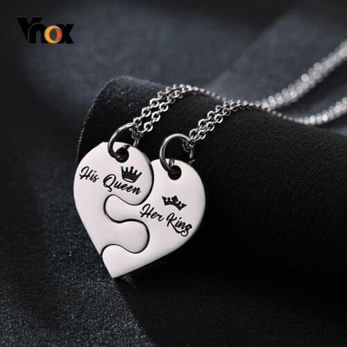 Vnox 2pcs/ Set Couple Necklaces for Women Men, His Queen Her King Engraved Heart Pendants, Lover Anniversary Wedding Gift