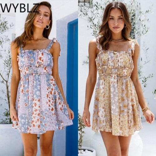 WYBLZ 2021 Summer New Dress Fashion Print Spaghetti Straps Backless Ruffles Chiffon Mini Dresses for Womens Boho Beach Sundress
