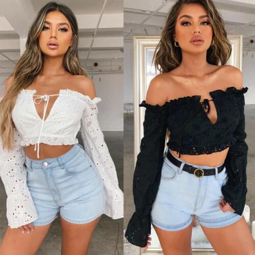 Sexy Women Blouses 2019 Shirt Off Shoulder V Neck Blouse Pullover Ladies Casual Party Tee Tops Ruffle Lace Womens Tops Blouses