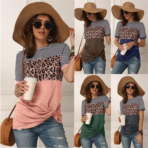Women Summer T-shirt Female Short sleeve Leopard Print T-shirt Plus Size Cotton T-shirt Striped patchwork short sleeve T-shirt