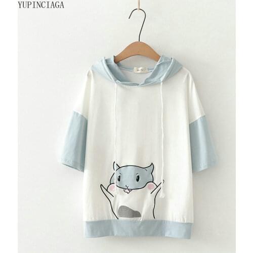 2020 Summer Women Sweet Cartoon Hooded Sweatshirts Short Sleeve Pullover Tracksuits Ins Girl girlfriends Patchwork Hoodies