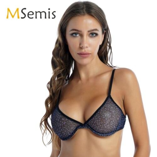 Womens Bikini Swimsuit Top Leopard Print See-through Mesh Unlined Underwire Bra Adjustable Shoulder Straps Bikini Top Underwear