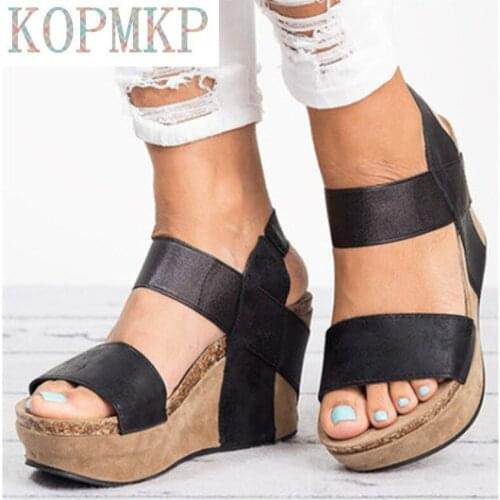2020 New Style Summer Sandals Women High Heel Wedges Sandals Solid Color Casual Sandals Elastic Band Peep-Toe Sandals Size35-43