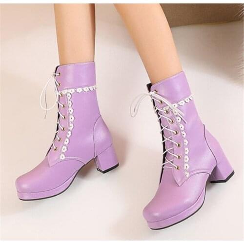 PXELENA Large Size 34-45 Ruffles Women Cosplay Uniform Costume Ankle Boots Med Heel Bride Wedding Shoes Lolita White Pink Purple