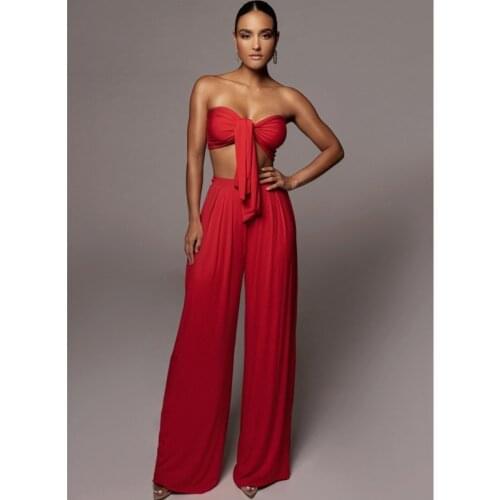 Women Jumpsuit Summer Casual Sexy Sleeveless Tops+Wide Leg Long Pants Elegant Off Shoulder Bow Tie Lace-Up Tube Top